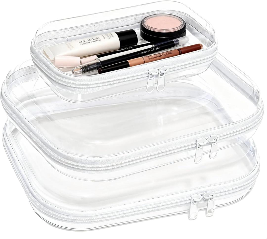 3PCS Clear Hard Plastic Zipper Case, Double Zippers Hard Pouch, Portable Travel Organizer Bin Clear Makeup Bag for Toy Storage, Snack Bag, Cosmetics, Pencil Case, Diaper Bag, Toiletry Bag (2M+1S) (EXP 02/11/26)