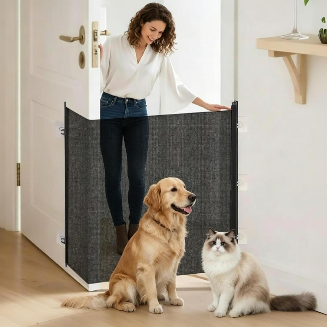 Retractable Dog Gate No Drilling Screen Cat Mesh Gate Door 30x70Inch Large Pets for Porch House Doorways Stairs Safety Easy Install Portable Adjustable with 5 Hanging Hooks Indoor/Outdoor Door,Black