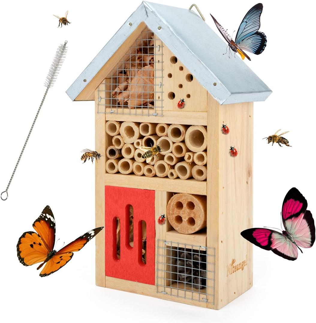 Natural Wooden Insect Hotel, Garden Insect House for Ladybugs, lacewings, Butterfly, Bee, Bug