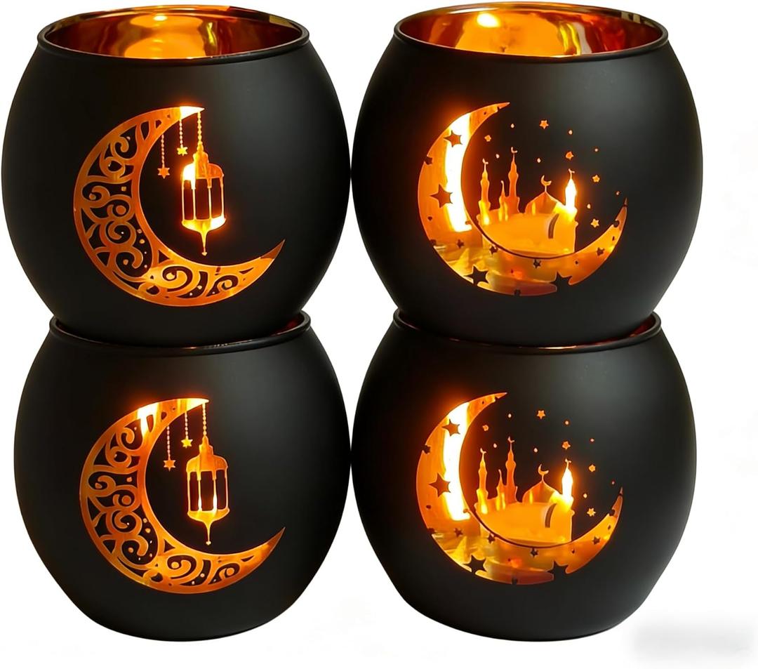 Eid Mubarak Decorations for Home - Set of 4 Glass Tealight Candle Holders, Ramadan Mubarak Table Centerpiece, Islamic Mosque & Lantern Silhouette Votives, Eid Gifts, Black and Gold