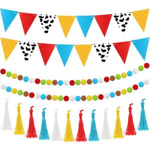 5 Pcs Cartoon Story Party Decorations 9.8 ft Story Baby Shower Decorations Happy Birthday Banner Tassel Triangle Flags Banners Felt Pom Pom Balls Garland for Holiday Outdoor Indoor Tree