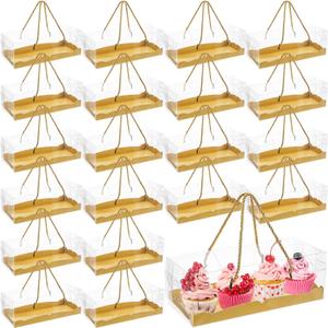 Okllen 20 Pack Clear Roll Cake Boxes with Portable Handles, Rectangle Bakery Cake Boxes, Pumpkin Swiss Roll Containers