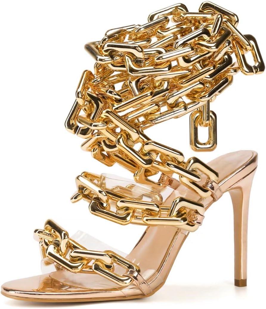 Frankie Hsu Luxury Women's Ankle Leg Lace Up Gold Link Chain Clear PVC Strappy Stiletto Round Toe High Heeled Sandals, US Size 8