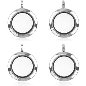 WANDIC Glossy Photo Charms, Pack of 4 Silver Round Memory Locket Pendant Bridal Wedding Bouquet Charms for Photo or Decoration, 25mm