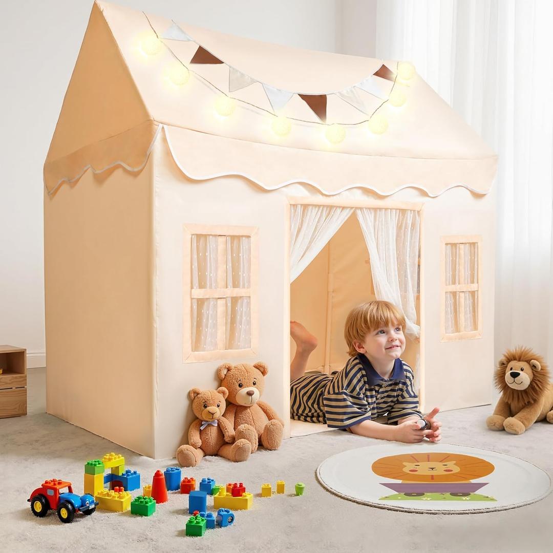 SYNCFUN Play Tent for Kids,Indoor & Outdoor Tent with Blanket,LED Lights & Flags for Toddler,Spacious 51*35*52 Inch,Playhouse for Kids,Ideal Private Space for Reading & Play for Boys & Girls Age 3-7 (Gray)