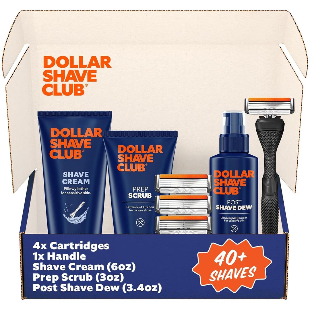 Dollar Shave Club Ultimate Set | 4 Swift Rinse Refill Cartridges, 1 Handle, 1 Prep Scrub 3 oz, 1 Shave Cream 6 oz, 1 Post Shave Dew 3.4 oz (5 Count (Pack of 1), Silver)