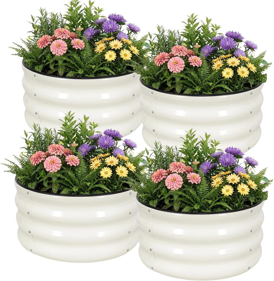 WILLOW WEAVE 4 Pcs Round Raised Garden Bed Outdoor, 2x2x1ft Circle Garden Bed, Galvanized Raised Planter Box for Gardening, Metal Raised Beds for Flower, Vegetable, Herb, White