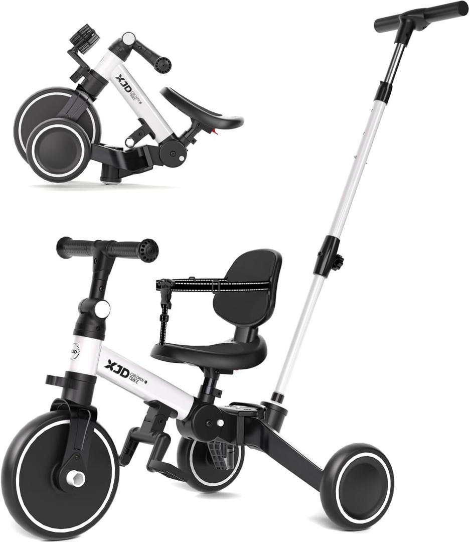 XJD Toddler Bike, 6 in 1 Folding Toddler Tricycle for 1-4 Year Old with Push Handle, Balance Bike with Removable Pedal,Backrest, Adjustable Seat Height and Handle, First Birthday Gifts (White)