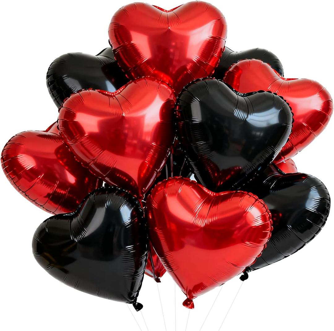 TONIFUL 30Pcs 18 Inch Red Black Heart Balloons Valentines Day Heart Shape Foil Mylar Balloons Decoration for Romantic Valentine's Day Wedding Bridal Shower Anniversary Engagement Party Supplies