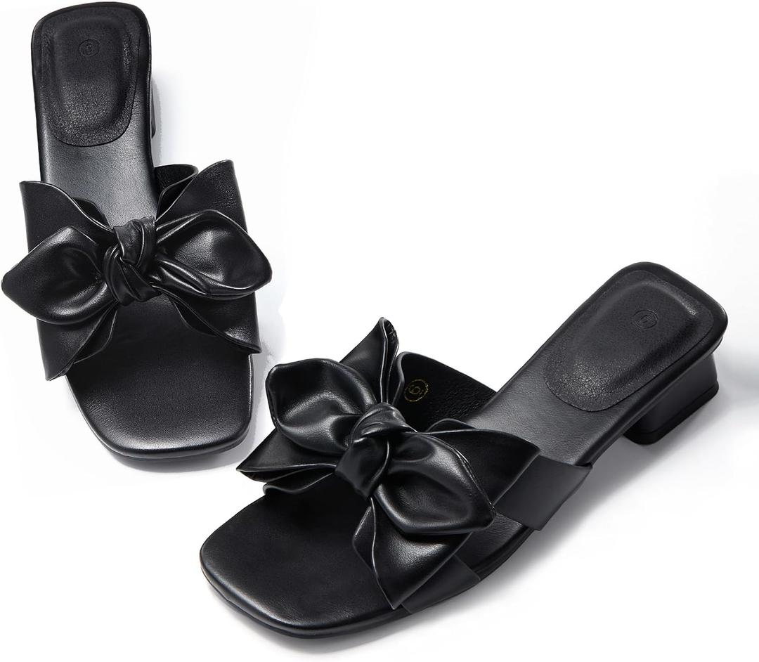 Fashare Womens Bow Dressy Low Heel Sandals Slides Summer Chunky Block Heeled Open Toe Mules Slip on Slippers Shoes, 11