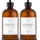 Vine Creations Amber Glass Soap Dispenser Set - Kitchen Soap Dispenser Set with Stainless Steel Pump - 16 oz Dish Soap and Hand Soap Dispensers for Bathroom with Silicone Pad & Waterproof Labels (Amber Bottle / Matte Black Flat-Style Pump)