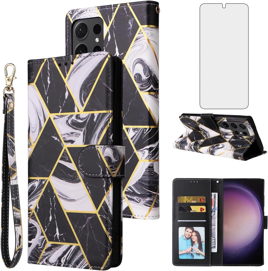 Asuwish Compatible with Samsung Galaxy S25 Ultra 5G Wallet Case Tempered Glass Screen Protector Leather Flip Card Holder Stand Cell Phone Cases for Gaxaly S25ultra 25S S 25 25ultra G5 Black