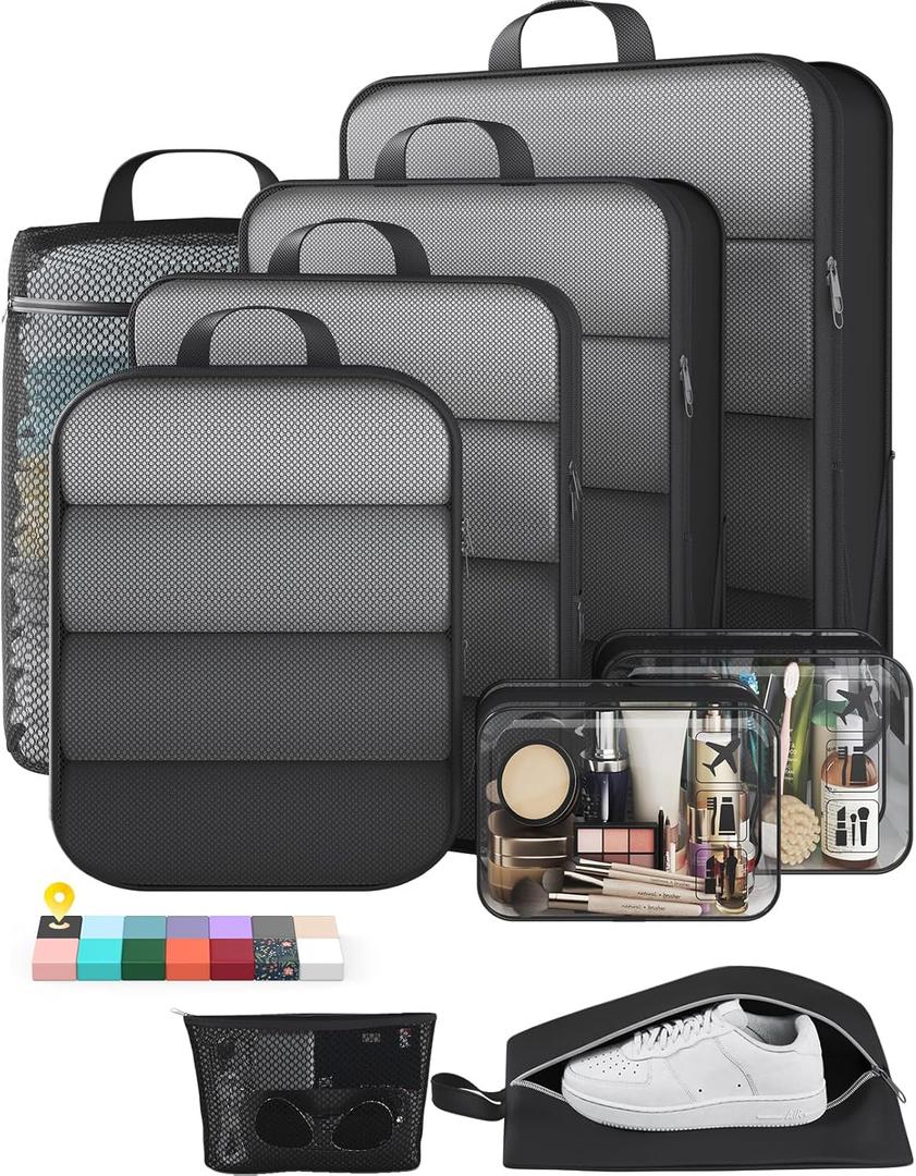 Veken 9/11 Set Compression Packing Cubes for Travel Essentials,Compressible Expandable Large Luggage Suitcase Organizer Bags for Clothing,Durable Space Saver Storage Bags with Toiletry Bags(Black)