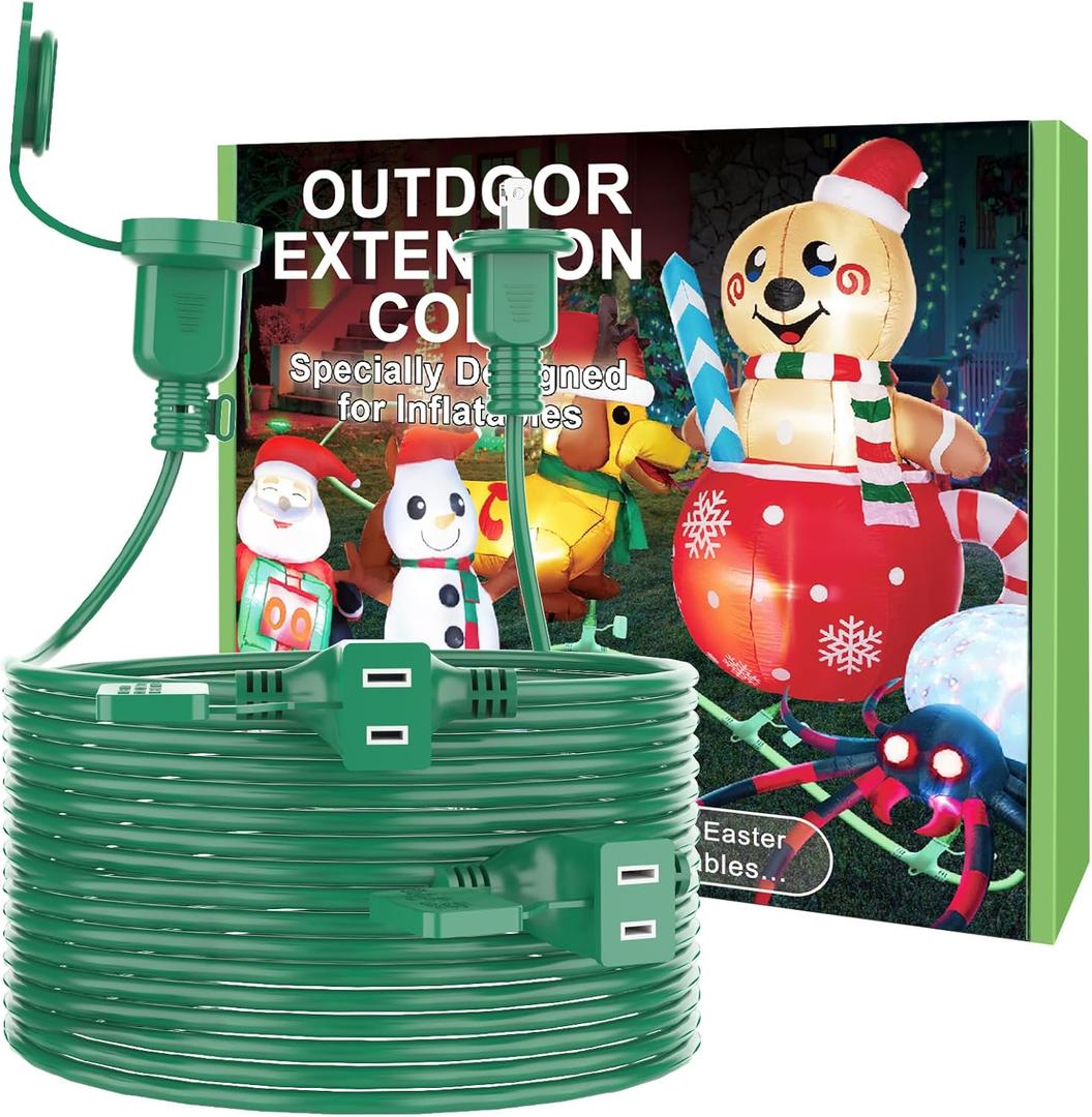 25FT Long Green Extension Cord 3 Outlets for Christmas Inflatables Blow Ups Yard Outdoor Outside Decorations Extension Cords with Multiple Outlets Plugs Cover Splitter Waterproof for Christmas Lights