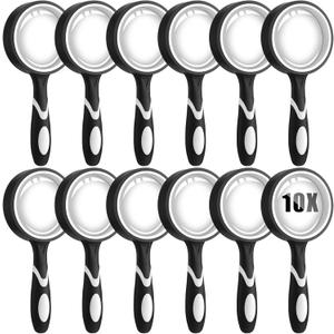 Xuhal 12 Pcs 10X Magnifying Glass Handheld Shatterproof Reading Magnifier for Seniors and Kids, 50mm Colored Magnifying Lens with Non Slip Rubber for Observation Exploration Science (Black)