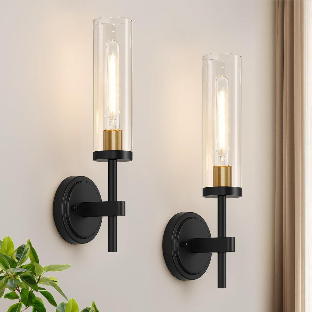 MOKATNG Wall Sconces Set of Two, Black and Gold Bathroom Sconces with Clear Glass, Hardwired Sconces Wall Decor Set of 2, Modern Wall Light Fixtures for Bathroom Mirror Living Room Bedroom Hallway, 15.5inch