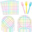 Vanulus 96PCS Easter Plaid Paper Plates Dinnerware Set Spring Coloring Checkered Party Supplies Gradient Colorful Checkered Rainbow Pastel Party Decorations Complete Set of 24 Disposable Tableware