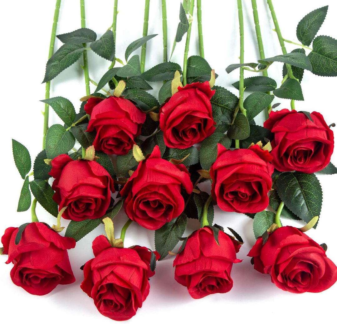 Flojery 10pcs Artificial Rose Flowers Long Stem Fake Silk Roses for DIY Wedding Bouquet Table Centerpiece Home Decor,Red