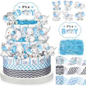 Fuutreo Diaper Cake Kit for Boy Baby Shower Elephant Diaper Cake Baby Shower Decorations with Ribbon Cutouts Gender Reveal Cards,Raffia for Gender Reveal Party Birthday Table Decor Supplies