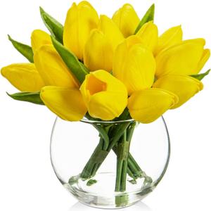 DILATATA Artificial Yellow Tulips in Vase with Faux Water 6" Real Touch Flowers Fake Tulips Small Flowers Arrangement in Round Glass Vase for Mother's Day Table Centerpiece Wedding Home Decor