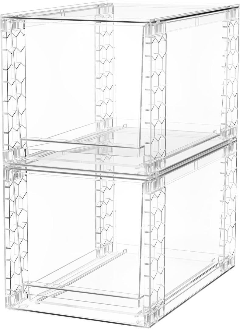 A-LuGei 2PCS Acrylic Stackable Storage Drawers, Clear, 11.8" L Makeup Organizer, Bathroom & Kitchen Cabinet Pantry Storage Bins