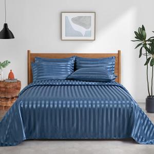 Pothuiny 6-Piece Striped Satin Bed Sheet Set, Queen Size, Flint Blue, Luxury Silky, 1 Fitted + 1 Flat + 4 Pillow Cases