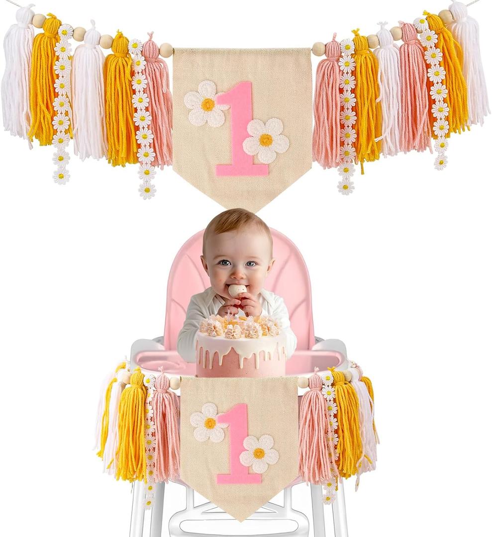 1st Birthday High Chair Banner Decoration, Pink Tassel Theme Banner, Wall Hangings Decoration for Baby Shower