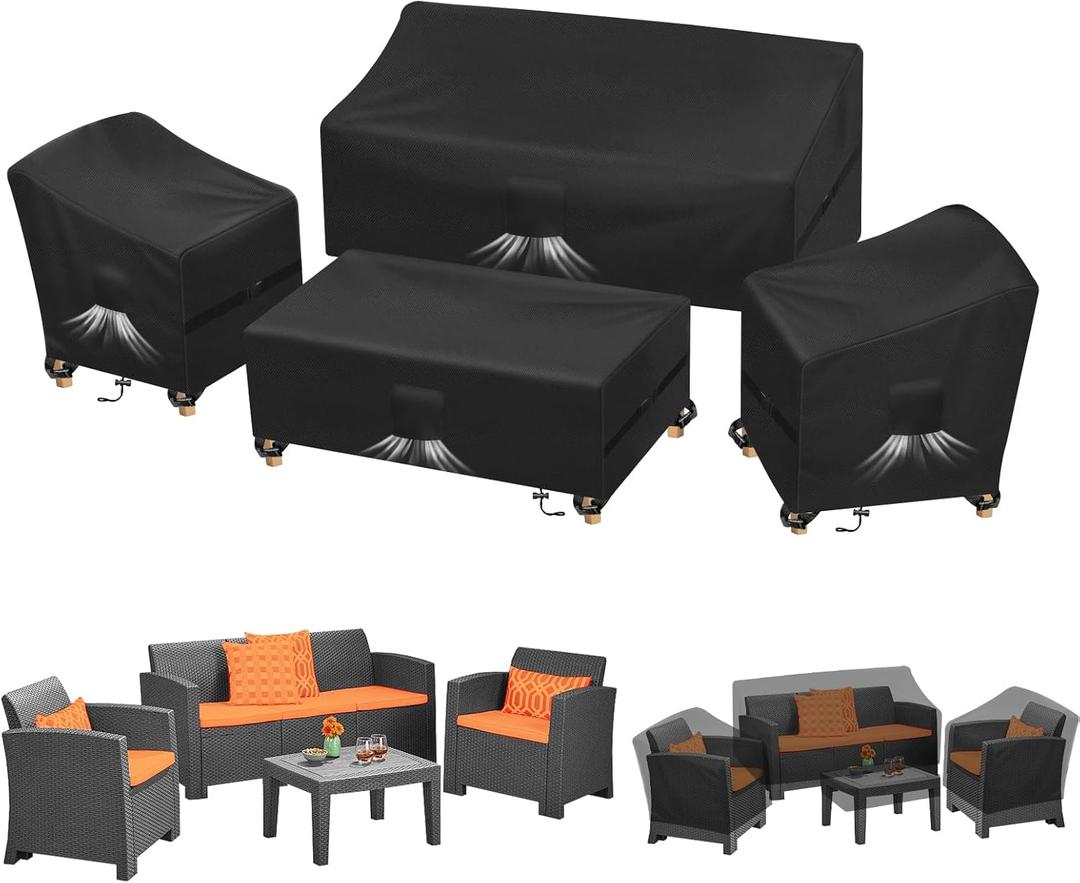 Kovshuiwe Patio Furniture Covers,4-Piece Outdoor Veranda Patio Garden Furniture Covers Set Waterproof - Upgraded 420D Heavy Duty Oxford Fabric Rattan Furniture Cover for Chair Sofa(Black)