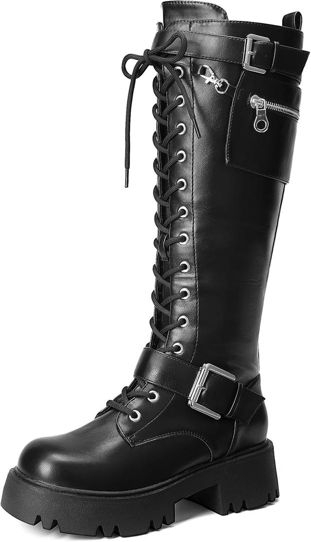 DREAM PAIRS Women's Combat Riding Platform Knee High Boots, Lace Up Fall Lug Sole Gothic Motorcycle Boots with Inside Zipper (7, Black)
