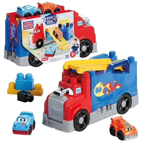 MEGA BLOKS First Builders Toddler Building Blocks Toy Set, Build & Race Rig with 2 Pieces, 2 Race Cars and Storage, Red, Ages 1+ Years