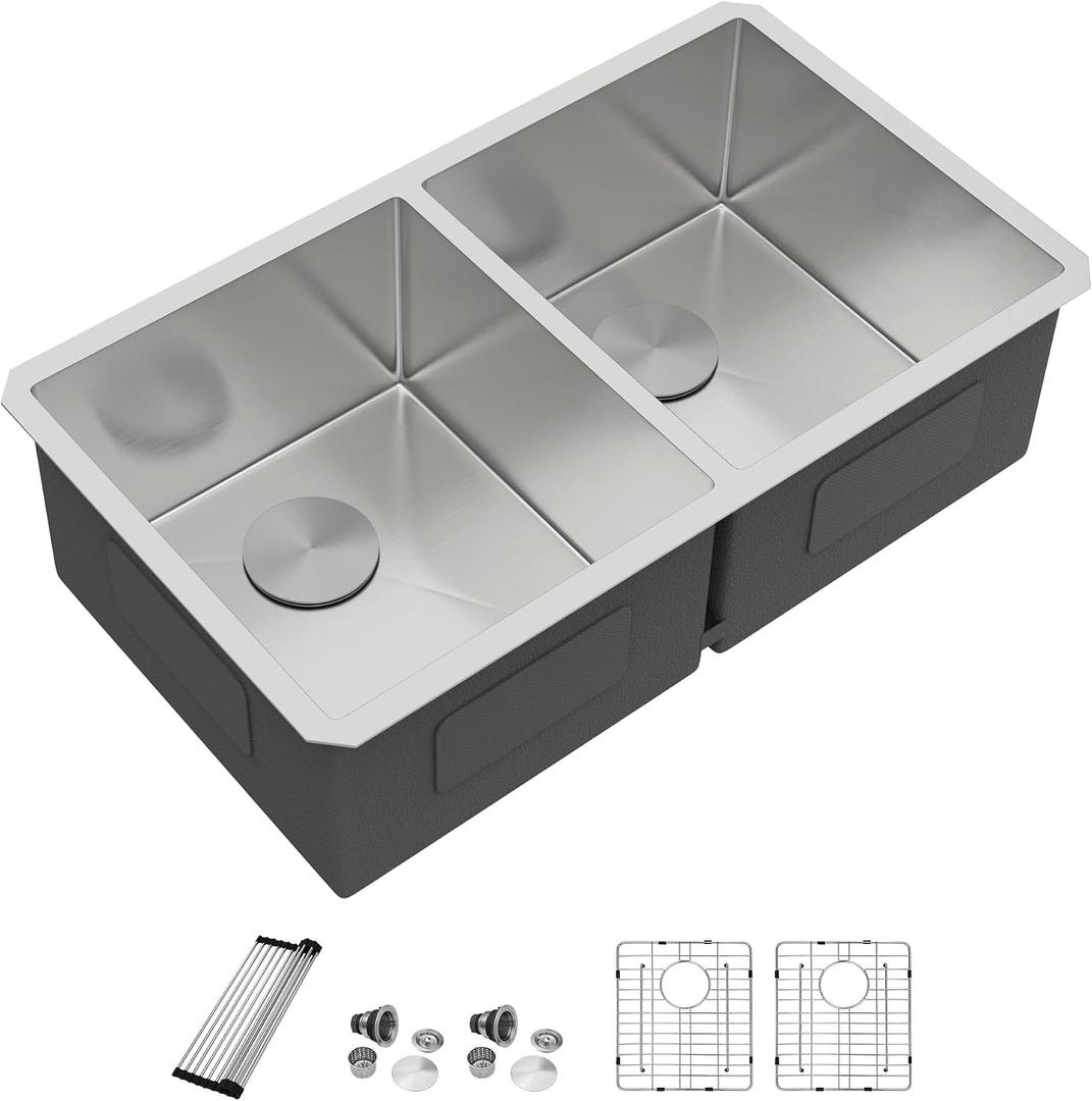 Dcolora 36" Extra Large Double Bowl Kitchen Sink Undermount 50/50 Split 16 Gauge 304 Stainless Steel Double Sinks, Round Corner 36"x19"x10" DC-U7740