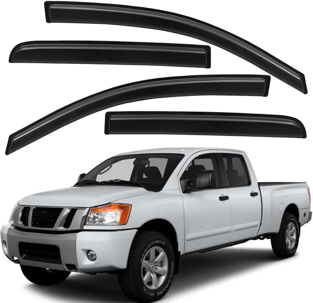 Original Sun Rain Guards Window Wind Vent Deflector fit for 2004-2015 Nissan Titan Crew Cab, 4pcs Out-Channel Tape On Dark Smoke Window Visor 94858
