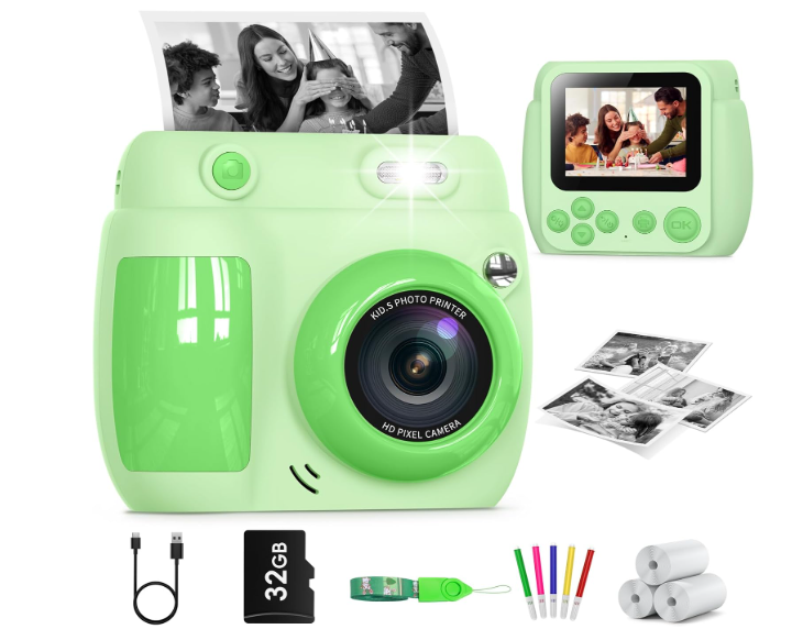 Kids Camera Instant Print, Birthday Gifts for Girls Boys with 3 Rolls Print Paper & 32GB Card, 48MP Toddler Digital Camera 1080P HD Video Toys Cameras for Kids 3-12, Green