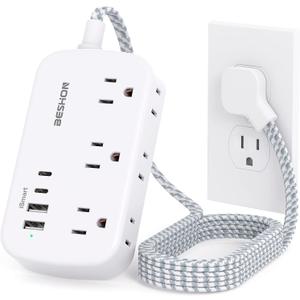 Flat Extension Cord, BESHON 5FT Flat Plug Power Strip with USB C, 6 Outlets 4 USB Port(2 USB C), No Surge Protector, Cruise Ship, Dorm Room Travel Essentials (5FT (Braided wire), White)