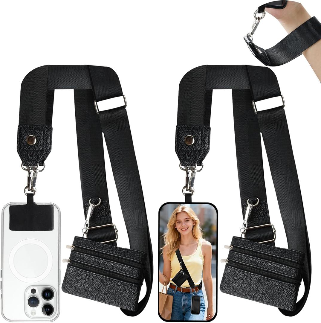 PUGPIU 2 Pack Clip and Go Strap for Phone with Wallet Crossbody - Phone Strap Crossbody with Zippered Pouch, Multifuctional Adjustable Cell Phone Lanyard for Going out (Black + Black)