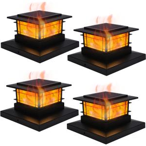 Dynaming 4 Pack Solar Flame Post Lights Outdoor, Solar Powered Fence Post Cap Lights, High Brightness Flickering Flame SMD LED Lighting Decor for Garden Deck Patio, 4x4, 5x5 or 6x6 Vinyl/Wooden Posts (4 Pack Flickering Flame Lights, Black)