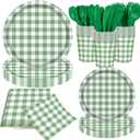 140Pcs Gingham Party Supplies for 20 Guests Thick Paper Plates and Napkins Knives Spoons Forks Cups Disposable Party Set Cutlery for Dinner Baby Shower Wedding Favor (Blackish Green)