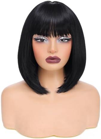 Sarensall Black Bob Wig With Bangs Short Straight Black Wigs for Women Natural Looking Synthetic Wigs for Daily Cosplay Costume Wig (Black,12 Inch)