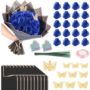 Glitter Roses Bouquet, 24 Roses DIY Fake Glitter Flowers Bouquet, Everlasting Shiny Artificial Red Rose Bouquet for Mothers Day Gifts, Anniversary, Engagement, Wedding (Blue)