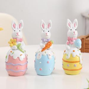 Easter Decorations - 4.7 Inch Resin Bunny Tabletop Decor Cute Rabbit Figurines 3pcs Easter Eggs Centerpiece Ornaments for Home Living Room