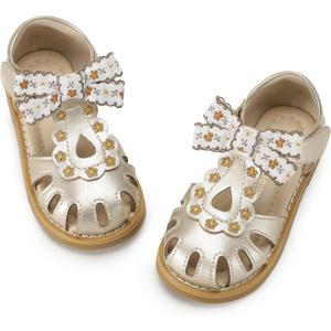 Hehainom Toddler Girls Sandals Closed Toe Bow Flower Girl Summer Shoes Little Kids Flats Sandals (Goldpu) Size 10