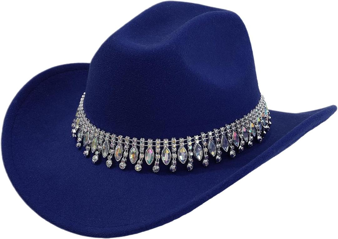 Shiny Rhinestone Women's Cowgirl Hat Western Cowboy Retro Panama Unisex Sequin Wide Brim Hat (Royal Blue)