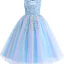 Flower Girls Embroidery Lace Bridesmaid Dress Beaded Wedding Pageant Party Princess Communion Floor Length Boho Dance Gown (Blue)