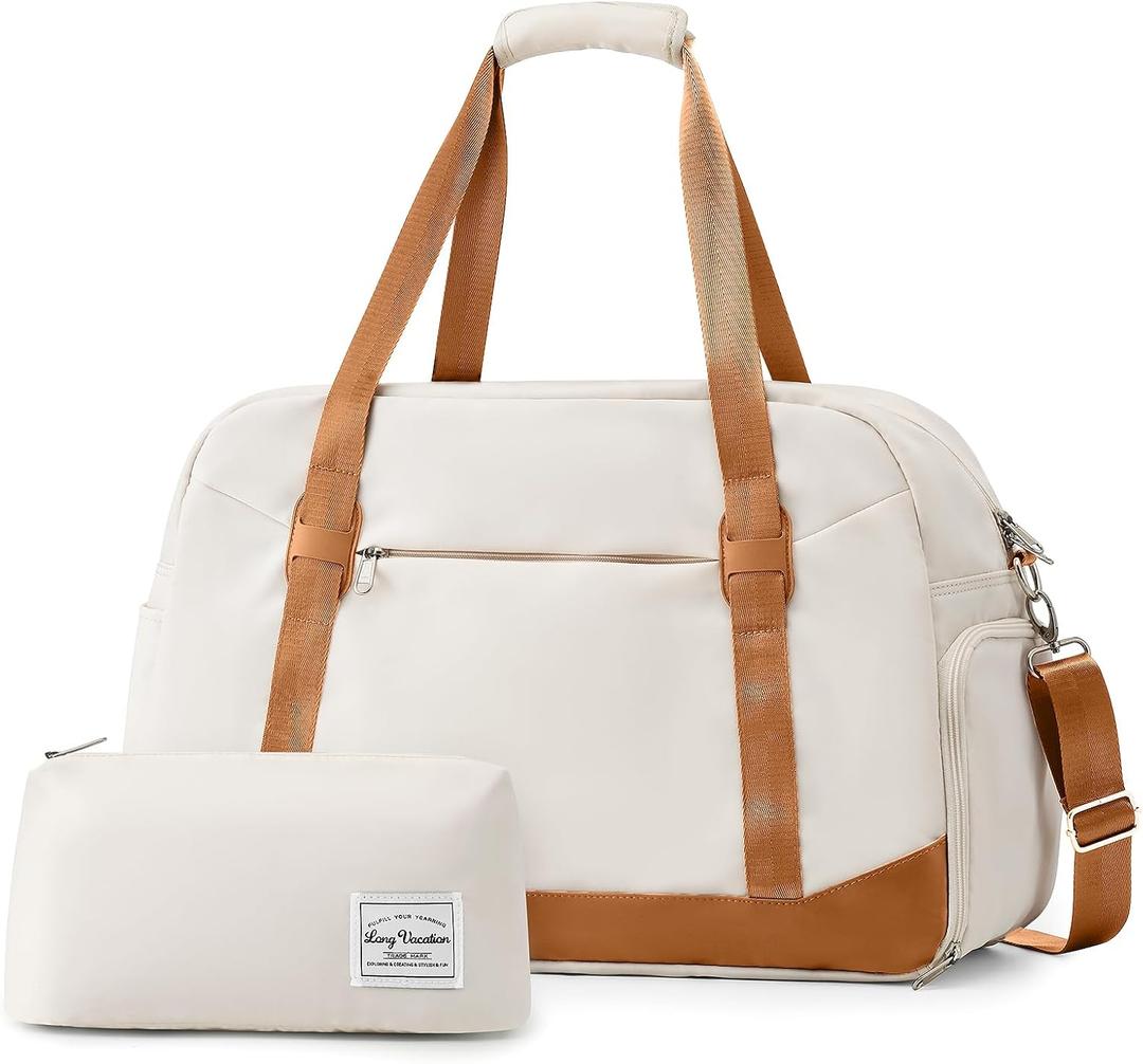 LONG VACATION Women's Travel Duffel Bag with Toiletry Bag, Sports Gym Bag Weekendeer Carry-on Tote with Shoe Compartment and Wet Pocket, Yoga Bag Fit 17.3inch Laptop (BEIGE & BROWN, 21-inch)