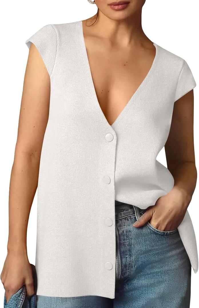 Saodimallsu Womens Deep V Neck Sweater Vest Sleeveless Knit Button Up Loose Fit Cap Sleeve Trendy Summer Tops (White, XXL)