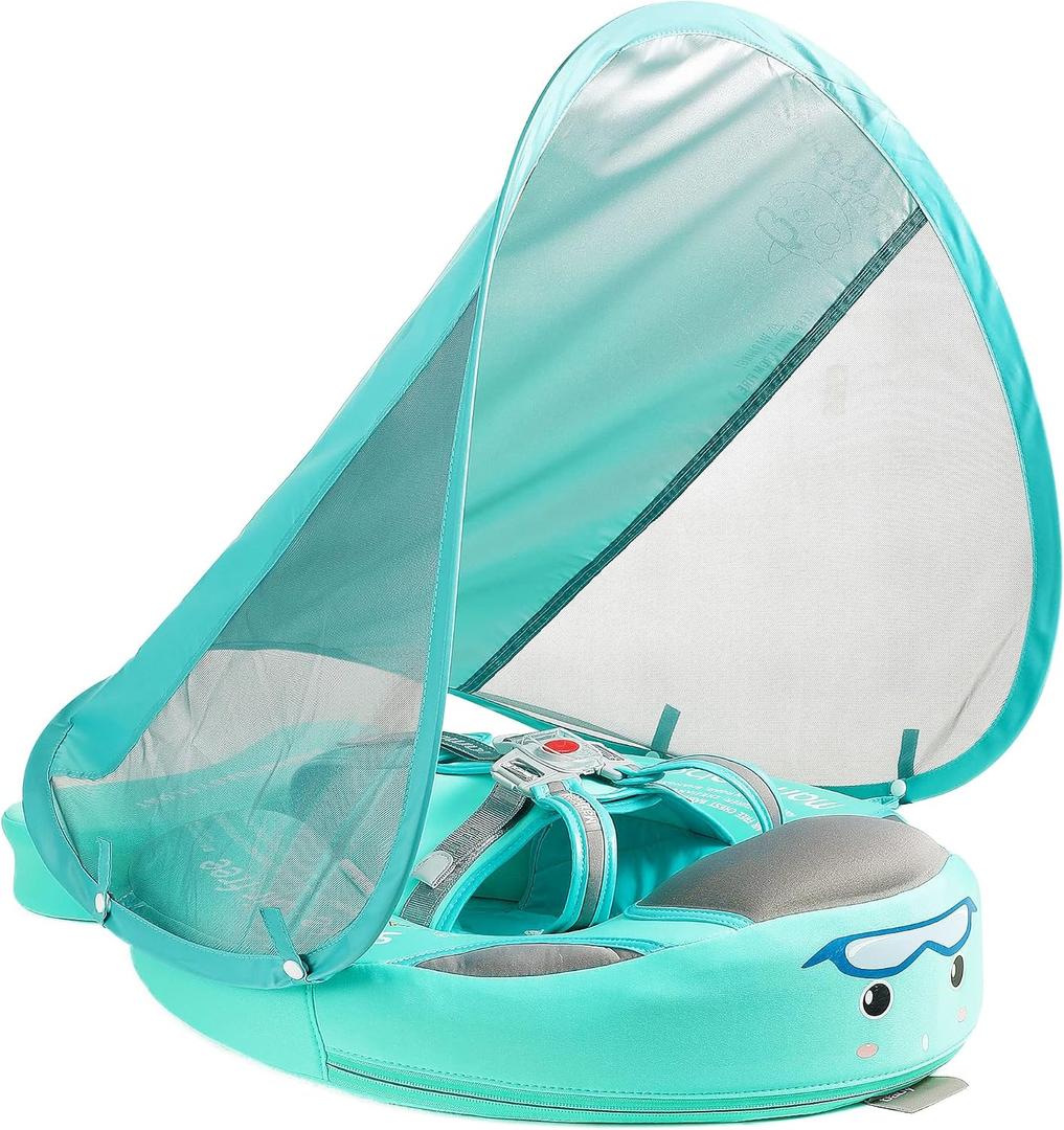 Mambobaby Float with Canopy Baby Swim Float with Tail, New Upgraded Non-Inflatable Solid Baby Pool Float, Soft Skin-Friendly Fabric Material Infant Swim Float (Special Edition Green)