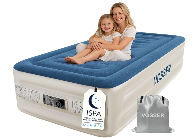 VOSSER Twin Air Mattress with Built-in Pump,Fast & Easy Inflation/Deflation Inflatable Mattress, Foldable Blow Up Mattress with Storage Bag, Inflatable Bed for Home, Camping & Guests