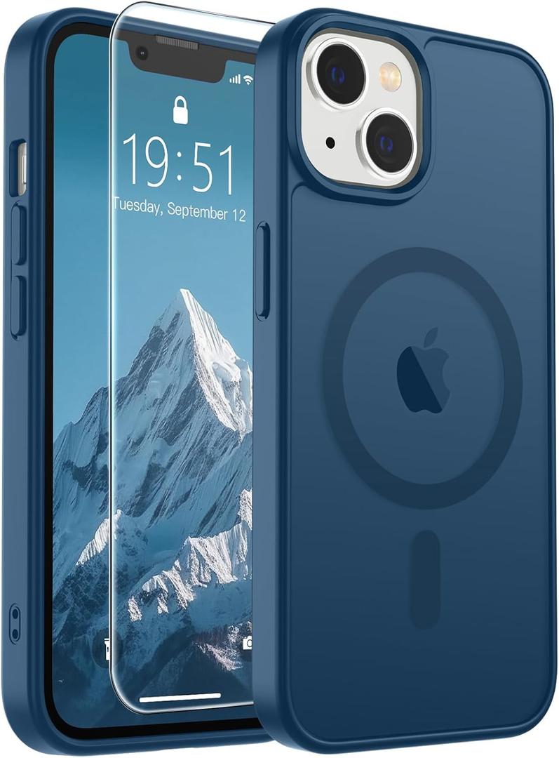 SUPFINE Magnetic for iPhone 15 Plus Case & iPhone 14 Plus Case with Screen Protector (Compatible with MagSafe)(Military Grade Drop Protection) Translucent with Anti-Fingerprint Phone Case,Deep Blue