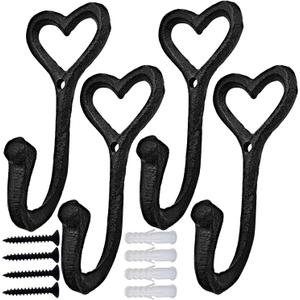 Ebliiny Decorative Wall Hooks Coat Towel Hook, 4 Pcs Key Bag Hanger Coat Hooks Cast Iron Vintage Holder Love Heart Shape Home Decor, Bath Kitchen Garage Hanging Scarf Cap Cup Hat