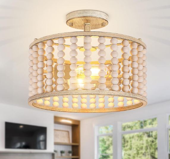 Wood Beaded Chandelier - Farmhouse Boho Light Fixture, Rustic Semi Flush Mount Ceiling Light, Oak 2 Lights Nursery Light Fixture for Hallway Foyer Bedroom Kitchen Island Living Room